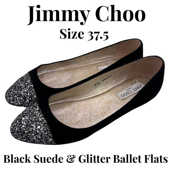 Jimmy Choo Black Suede & Glitter Cap-Toe Ballet Flats – Size 37.5 (US: 7/7.5) - Picture 1 of 6